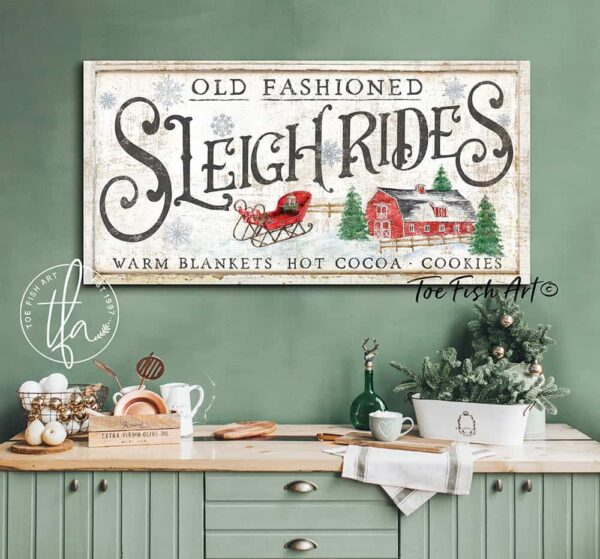 Sleigh Rides Sign handmade by ToeFishArt. Original, custom, personalized wall decor signs. Canvas, Wood or Metal. Rustic modern farmhouse, cottagecore, vintage, retro, industrial, Americana, primitive, country, coastal, minimalist.