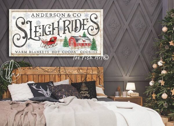 Sleigh Rides Sign handmade by ToeFishArt. Original, custom, personalized wall decor signs. Canvas, Wood or Metal. Rustic modern farmhouse, cottagecore, vintage, retro, industrial, Americana, primitive, country, coastal, minimalist.
