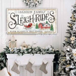 Sleigh Rides Sign handmade by ToeFishArt. Original, custom, personalized wall decor signs. Canvas, Wood or Metal. Rustic modern farmhouse, cottagecore, vintage, retro, industrial, Americana, primitive, country, coastal, minimalist.