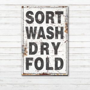 Sort Wash Dry Fold Sign handmade by ToeFishArt. Original, custom, personalized wall decor signs. Canvas, Wood or Metal. Rustic modern farmhouse, cottagecore, vintage, retro, industrial, Americana, primitive, country, coastal, minimalist.