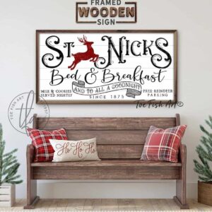 St. Nicks Bed & Breakfast Sign handmade by ToeFishArt. Original, custom, personalized wall decor signs. Canvas, Wood or Metal. Rustic modern farmhouse, cottagecore, vintage, retro, industrial, Americana, primitive, country, coastal, minimalist.