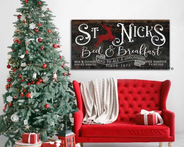 St. Nick's Bed & Breakfast Sign handmade by ToeFishArt. Original, custom, personalized wall decor signs. Canvas, Wood or Metal. Rustic modern farmhouse, cottagecore, vintage, retro, industrial, Americana, primitive, country, coastal, minimalist.