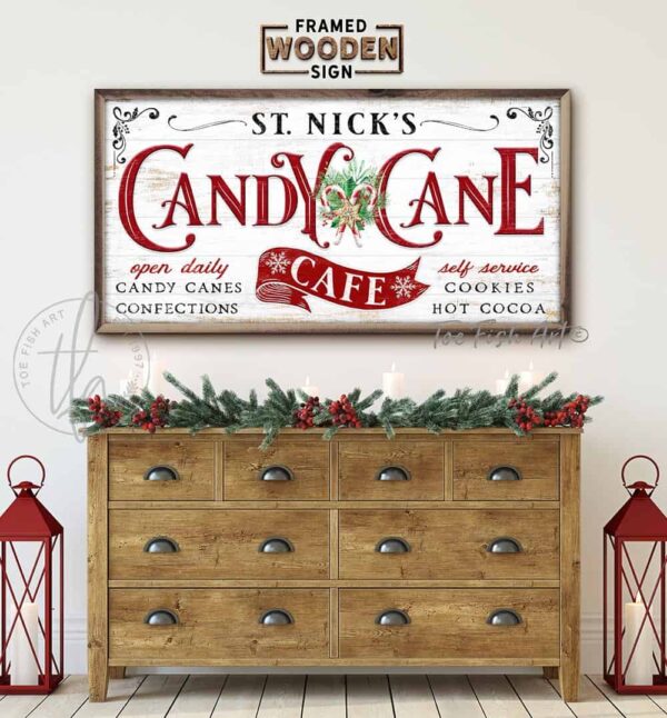 St. Nick's Candy Cane Café Framed Wood Sign Candy Canes Confections Cookies Hot Cooca handmade by ToeFishArt. Original, custom, personalized wall decor signs. Canvas, Wood or Metal. Rustic modern farmhouse, cottagecore, vintage, retro, industrial, Americana, primitive, country, coastal, minimalist.