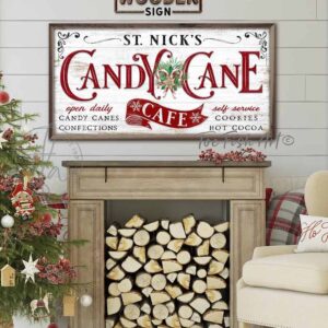 St. Nick's Candy Cane Café Framed Wood Sign Candy Canes Confections Cookies Hot Cooca handmade by ToeFishArt. Original, custom, personalized wall decor signs. Canvas, Wood or Metal. Rustic modern farmhouse, cottagecore, vintage, retro, industrial, Americana, primitive, country, coastal, minimalist.