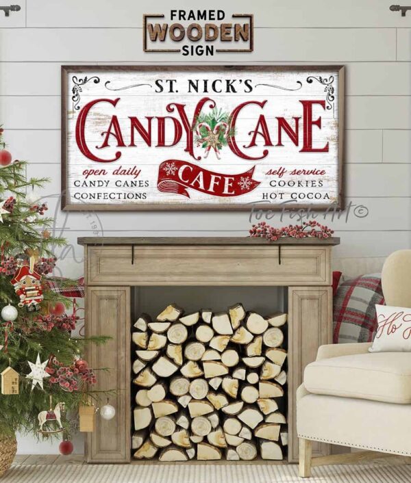 St. Nick's Candy Cane Café Framed Wood Sign Candy Canes Confections Cookies Hot Cooca handmade by ToeFishArt. Original, custom, personalized wall decor signs. Canvas, Wood or Metal. Rustic modern farmhouse, cottagecore, vintage, retro, industrial, Americana, primitive, country, coastal, minimalist.