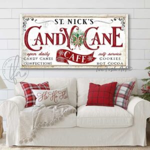 St. Nick's Candy Cane Café Sign Candy Canes Confections Cookies Hot Cooca handmade by ToeFishArt. Original, custom, personalized wall decor signs. Canvas, Wood or Metal. Rustic modern farmhouse, cottagecore, vintage, retro, industrial, Americana, primitive, country, coastal, minimalist.