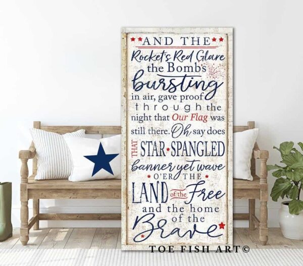 Star Spangled Banner Sign handmade by ToeFishArt. Original, custom, personalized wall decor signs. Canvas, Wood or Metal. Rustic modern farmhouse, cottagecore, vintage, retro, industrial, Americana, primitive, country, coastal, minimalist.