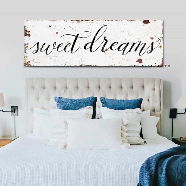 Sweet Dreams Sign handmade by ToeFishArt. Original, custom, personalized wall decor signs. Canvas, Wood or Metal. Rustic modern farmhouse, cottagecore, vintage, retro, industrial, Americana, primitive, country, coastal, minimalist.