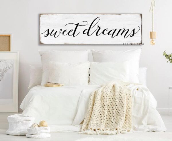 Sweet Dreams Sign handmade by ToeFishArt. Original, custom, personalized wall decor signs. Canvas, Wood or Metal. Rustic modern farmhouse, cottagecore, vintage, retro, industrial, Americana, primitive, country, coastal, minimalist.