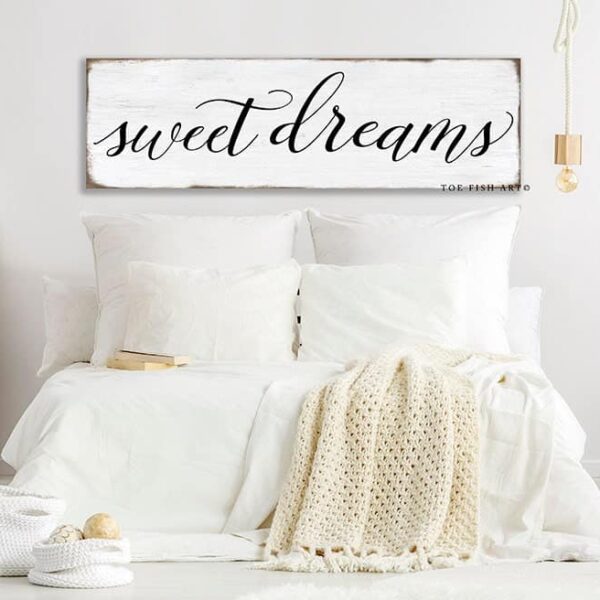 Sweet Dreams Sign handmade by ToeFishArt. Original, custom, personalized wall decor signs. Canvas, Wood or Metal. Rustic modern farmhouse, cottagecore, vintage, retro, industrial, Americana, primitive, country, coastal, minimalist.