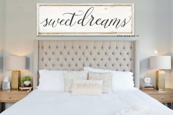 Sweet Dreams Sign handmade by ToeFishArt. Original, custom, personalized wall decor signs. Canvas, Wood or Metal. Rustic modern farmhouse, cottagecore, vintage, retro, industrial, Americana, primitive, country, coastal, minimalist.