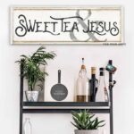 Sweet Tea & Jesus Sign handmade by ToeFishArt. Original, custom, personalized wall decor signs. Canvas, Wood or Metal. Rustic modern farmhouse, cottagecore, vintage, retro, industrial, Americana, primitive, country, coastal, minimalist.