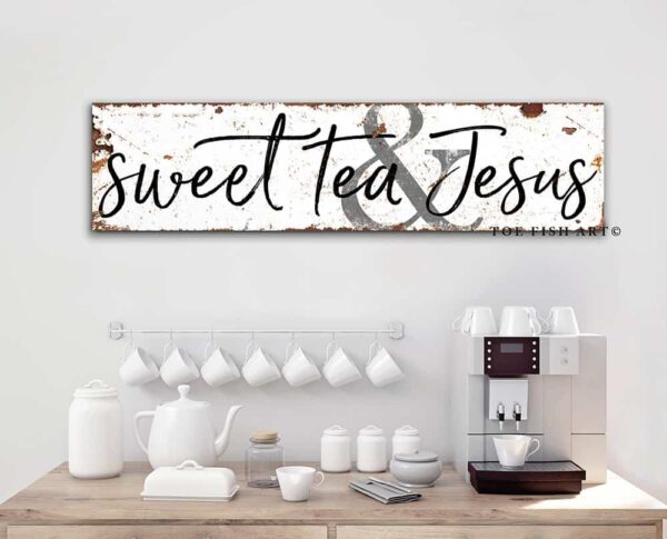 Sweet Tea & Jesus Sign handmade by ToeFishArt. Original, custom, personalized wall decor signs. Canvas, Wood or Metal. Rustic modern farmhouse, cottagecore, vintage, retro, industrial, Americana, primitive, country, coastal, minimalist.
