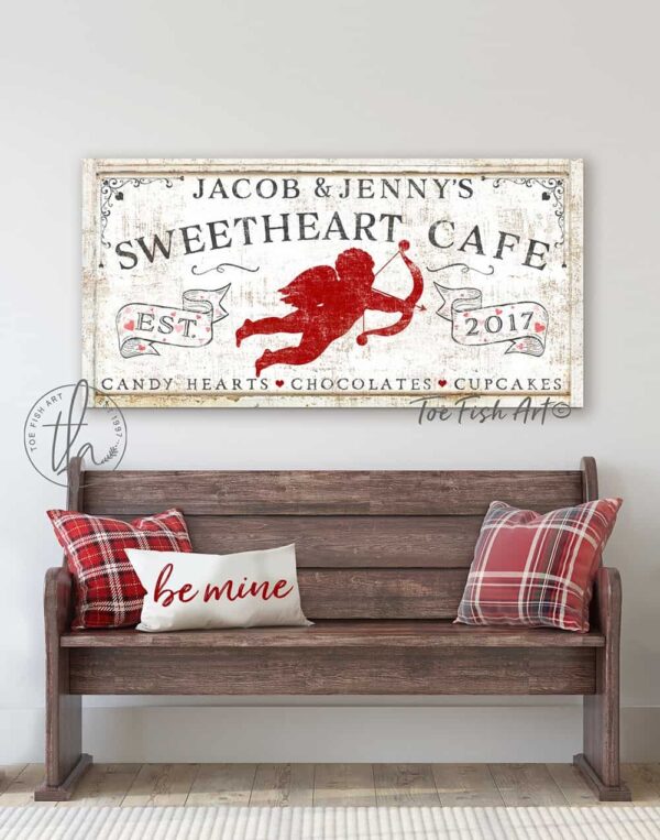 Sweetheart Café Sign handmade by ToeFishArt. Original, custom, personalized wall decor signs. Canvas, Wood or Metal. Rustic modern farmhouse, cottagecore, vintage, retro, industrial, Americana, primitive, country, coastal, minimalist.