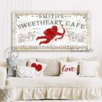 Sweetheart Café Sign handmade by ToeFishArt. Original, custom, personalized wall decor signs. Canvas, Wood or Metal. Rustic modern farmhouse, cottagecore, vintage, retro, industrial, Americana, primitive, country, coastal, minimalist.