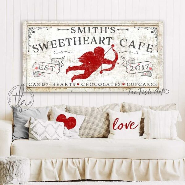 Sweetheart Café Sign handmade by ToeFishArt. Original, custom, personalized wall decor signs. Canvas, Wood or Metal. Rustic modern farmhouse, cottagecore, vintage, retro, industrial, Americana, primitive, country, coastal, minimalist.