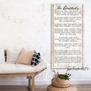 The Beatitudes Sign handmade by ToeFishArt. Original, custom, personalized wall decor signs. Canvas, Wood or Metal. Rustic modern farmhouse, cottagecore, vintage, retro, industrial, Americana, primitive, country, coastal, minimalist.