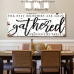 Toe Fish Art's vintage rustic sign "The Best Memories are Made Gathered Around the Table" in framed canvas or outdoor waterproof metal. This unique sign is hand-lettered by the artist, and features a rustic white metal finish with striking charcoal black lettering, embodying a classic and timeless modern farmhouse cottage aesthetic. Available in a large selection of sizes, this handmade decor piece is proudly crafted in the USA, and ships free within the "lower 48" states. Blending rustic primitive country charm with modern cottage farmhouse style, this unique handcrafted artwork is made of durable high-quality framed canvas or outdoor weatherproof solid aluminum metal, making it perfect for incorporating in any remodeling, renovation or decor update project, indoors or outdoors. Proudly made in the USA, each piece is designed to last a lifetime by the artisans at Toe Fish Art. This beautiful sign enhances any decor, adding eye-catching appeal to your space. It’s perfect for your patio, lanai, bar & grill, deck, veranda, dining room, kitchen, or breakfast nook. A splendid reminder of time well spent with family and friends gathered 'round, this artwork fits various styles, including rustic modern farmhouse, cottagecore, vintage, retro, industrial, Americana, primitive, country, coastal, and minimalist. Toe Fish Art is a small family, woman-owned business, creating beautiful decor for almost three decades, since 1997!