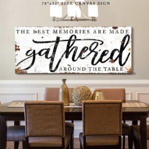 The Best Memories are Made Gathered Around the Table Sign handmade by ToeFishArt. Original, custom, personalized wall decor signs. Canvas, Wood or Metal. Rustic modern farmhouse, cottagecore, vintage, retro, industrial, Americana, primitive, country, coastal, minimalist.