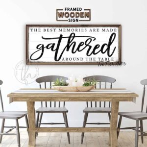 The Best Memories are Made Gathered Sign handmade by ToeFishArt. Original, custom, personalized wall decor signs. Canvas, Wood or Metal. Rustic modern farmhouse, cottagecore, vintage, retro, industrial, Americana, primitive, country, coastal, minimalist.
