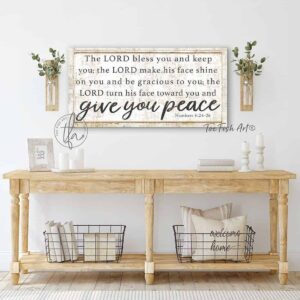 The Lord Bless You and Keep You Sign handmade by ToeFishArt. Original, custom, personalized wall decor signs. Canvas, Wood or Metal. Rustic modern farmhouse, cottagecore, vintage, retro, industrial, Americana, primitive, country, coastal, minimalist.