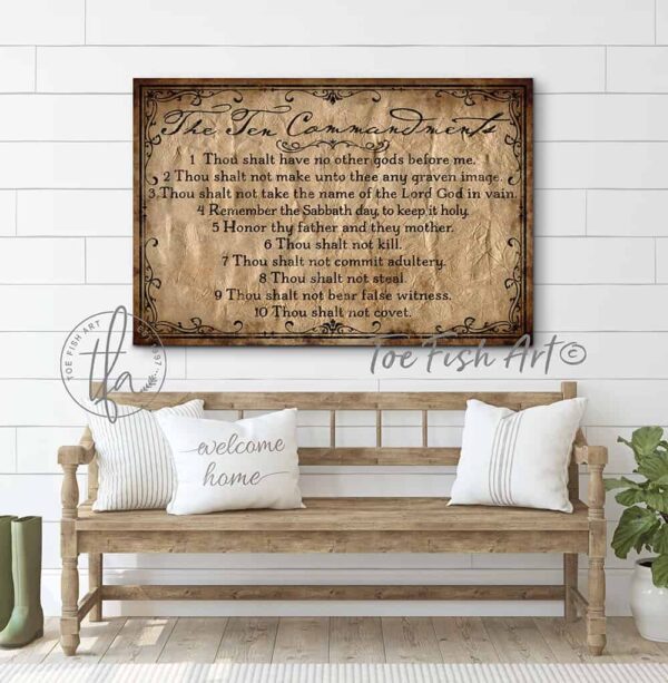 The Ten Commandments Sign handmade by ToeFishArt. Original, custom, personalized wall decor signs. Canvas, Wood or Metal. Rustic modern farmhouse, cottagecore, vintage, retro, industrial, Americana, primitive, country, coastal, minimalist.