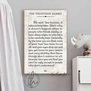 The Velveteen Rabbit Sign handmade by ToeFishArt. Original, custom, personalized wall decor signs. Canvas, Wood or Metal. Rustic modern farmhouse, cottagecore, vintage, retro, industrial, Americana, primitive, country, coastal, minimalist.