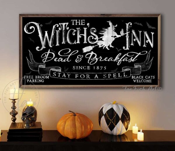 The Witch's Inn Dead & Breakfast Sign handmade by ToeFishArt. Original, custom, personalized wall decor signs. Canvas, Wood or Metal. Rustic modern farmhouse, cottagecore, vintage, retro, industrial, Americana, primitive, country, coastal, minimalist.