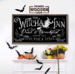 The Witch's Inn Dead & Breakfast Sign handmade by ToeFishArt. Original, custom, personalized wall decor signs. Canvas, Wood or Metal. Rustic modern farmhouse, cottagecore, vintage, retro, industrial, Americana, primitive, country, coastal, minimalist.