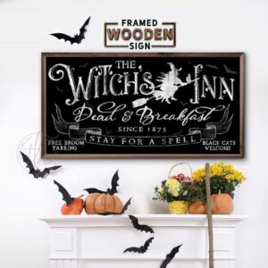 The Witch's Inn Dead & Breakfast Sign handmade by ToeFishArt. Original, custom, personalized wall decor signs. Canvas, Wood or Metal. Rustic modern farmhouse, cottagecore, vintage, retro, industrial, Americana, primitive, country, coastal, minimalist.