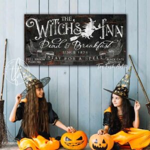 The Witch's Inn Dead & Breakfast Sign handmade by ToeFishArt. Original, custom, personalized wall decor signs. Canvas, Wood or Metal. Rustic modern farmhouse, cottagecore, vintage, retro, industrial, Americana, primitive, country, coastal, minimalist.