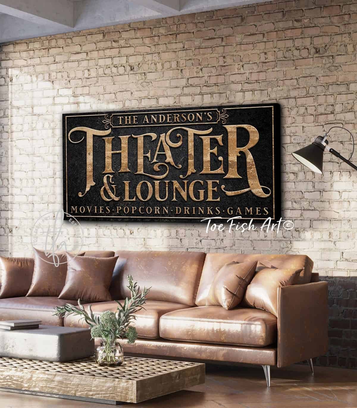 Theater & Lounge Sign handmade by ToeFishArt. Original, custom, personalized wall decor signs. Canvas, Wood or Metal. Rustic modern farmhouse, cottagecore, vintage, retro, industrial, Americana, primitive, country, coastal, minimalist.