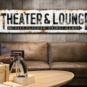 Theater & Lounge Sign handmade by ToeFishArt. Original, custom, personalized wall decor signs. Canvas, Wood or Metal. Rustic modern farmhouse, cottagecore, vintage, retro, industrial, Americana, primitive, country, coastal, minimalist.