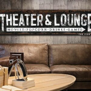 Theater & Lounge Sign handmade by ToeFishArt. Original, custom, personalized wall decor signs. Canvas, Wood or Metal. Rustic modern farmhouse, cottagecore, vintage, retro, industrial, Americana, primitive, country, coastal, minimalist.