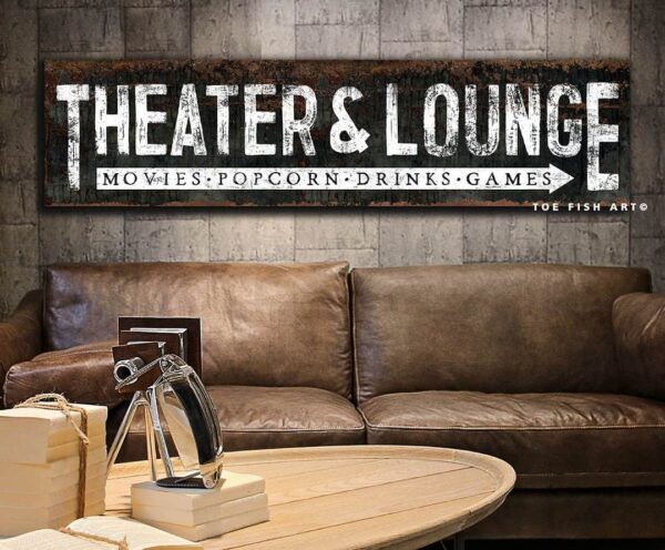 Theater & Lounge Sign handmade by ToeFishArt. Original, custom, personalized wall decor signs. Canvas, Wood or Metal. Rustic modern farmhouse, cottagecore, vintage, retro, industrial, Americana, primitive, country, coastal, minimalist.