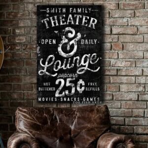 Theater & Lounge Sign handmade by ToeFishArt. Original, custom, personalized wall decor signs. Canvas, Wood or Metal. Rustic modern farmhouse, cottagecore, vintage, retro, industrial, Americana, primitive, country, coastal, minimalist.