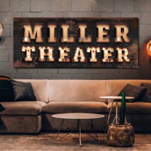 Theater "Marquee"-style Sign handmade by ToeFishArt. Original, custom, personalized wall decor signs. Canvas, Wood or Metal. Rustic modern farmhouse, cottagecore, vintage, retro, industrial, Americana, primitive, country, coastal, minimalist.
