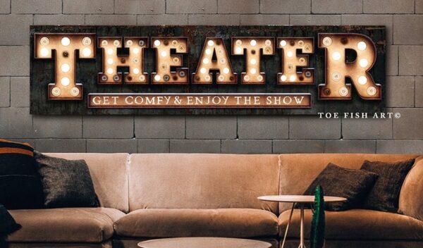 Theater "Marquee"-style Sign handmade by ToeFishArt. Original, custom, personalized wall decor signs. Canvas, Wood or Metal. Rustic modern farmhouse, cottagecore, vintage, retro, industrial, Americana, primitive, country, coastal, minimalist.