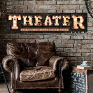 Theater "Marquee"-style Sign handmade by ToeFishArt. Original, custom, personalized wall decor signs. Canvas, Wood or Metal. Rustic modern farmhouse, cottagecore, vintage, retro, industrial, Americana, primitive, country, coastal, minimalist.