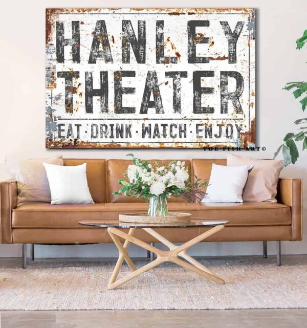 Theater Sign handmade by ToeFishArt. Original, custom, personalized wall decor signs. Canvas, Wood or Metal. Rustic modern farmhouse, cottagecore, vintage, retro, industrial, Americana, primitive, country, coastal, minimalist.