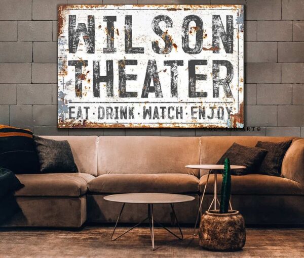 Theater Sign handmade by ToeFishArt. Original, custom, personalized wall decor signs. Canvas, Wood or Metal. Rustic modern farmhouse, cottagecore, vintage, retro, industrial, Americana, primitive, country, coastal, minimalist.