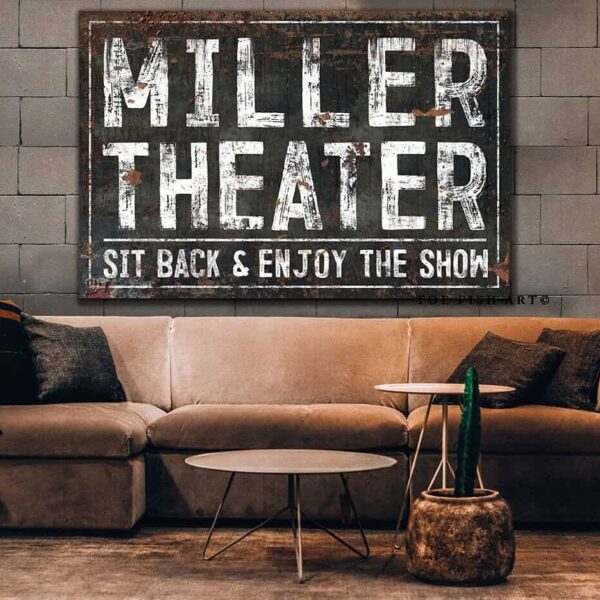 Theater Sign handmade by ToeFishArt. Original, custom, personalized wall decor signs. Canvas, Wood or Metal. Rustic modern farmhouse, cottagecore, vintage, retro, industrial, Americana, primitive, country, coastal, minimalist.