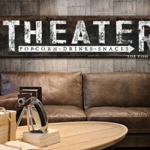 POPCORN DRINKS SNACKS Theater Sign Rustic Wall Art Industrial Vintage Home Movie Room Sign handmade by ToeFishArt. Original, custom, personalized wall decor signs. Canvas, Wood or Metal. Rustic modern farmhouse, cottagecore, vintage, retro, industrial, Americana, primitive, country, coastal, minimalist.