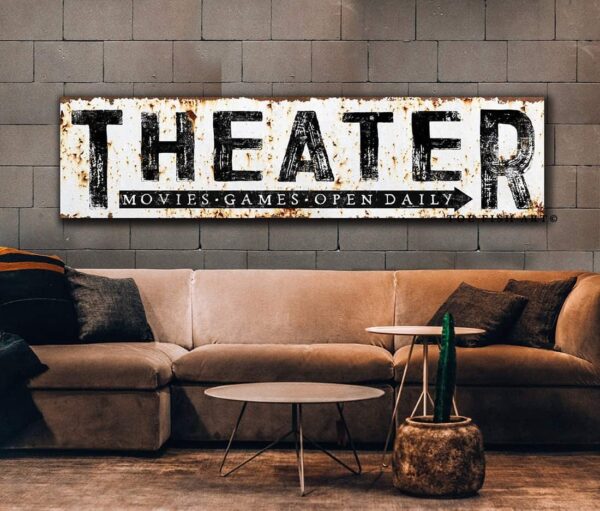 Theater Sign Rustic Wall Art Industrial Vintage Home Movie Room Sign handmade by ToeFishArt. Original, custom, personalized wall decor signs. Canvas, Wood or Metal. Rustic modern farmhouse, cottagecore, vintage, retro, industrial, Americana, primitive, country, coastal, minimalist.