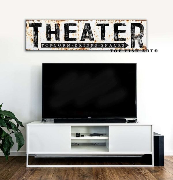 Theater Sign Rustic Wall Art Industrial Vintage Home Movie Room Sign handmade by ToeFishArt. Original, custom, personalized wall decor signs. Canvas, Wood or Metal. Rustic modern farmhouse, cottagecore, vintage, retro, industrial, Americana, primitive, country, coastal, minimalist.