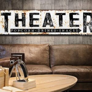 Theater Sign Rustic Wall Art Industrial Vintage Home Movie Room Sign handmade by ToeFishArt. Original, custom, personalized wall decor signs. Canvas, Wood or Metal. Rustic modern farmhouse, cottagecore, vintage, retro, industrial, Americana, primitive, country, coastal, minimalist.