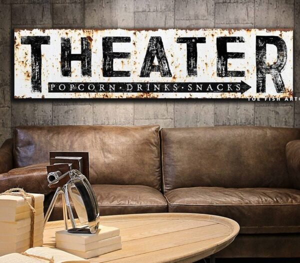 Theater Sign Rustic Wall Art Industrial Vintage Home Movie Room Sign handmade by ToeFishArt. Original, custom, personalized wall decor signs. Canvas, Wood or Metal. Rustic modern farmhouse, cottagecore, vintage, retro, industrial, Americana, primitive, country, coastal, minimalist.