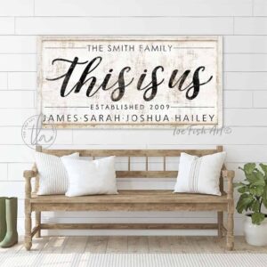 This Is Us Family Sign handmade by ToeFishArt. Original, custom, personalized wall decor signs. Canvas, Wood or Metal. Rustic modern farmhouse, cottagecore, vintage, retro, industrial, Americana, primitive, country, coastal, minimalist.