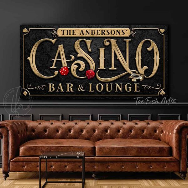 Toe Fish Art Casino Bar & Lounge Canvas or Outdoor Waterproof Metal Personalize-able Custom Sign in Vintage Slate Black with Rustic Gold lettering, perfect for your poker room, mancave, game room. Handmade to-order in the USA by American small family woman-owned company ToeFishArt, doing business since 1997. Personalized Canvas or Outdoor Exterior Commercial-Grade Metal Sign handmade in the USA and built to last a lifetime by Toe Fish Art. Add your family name or catch phrase title to this beautiful artwork for unique eye-catching appeal indoors or for your outdoor party space. Color options available. Original, custom, personalized wall decor signs. Canvas, Wood or Metal. Rustic modern farmhouse, cottagecore, vintage, retro, industrial, Americana, primitive, country, coastal, minimalist.