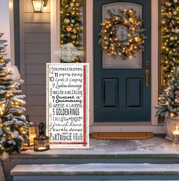 Toe Fish Art Charming Vintage 12 Days of Christmas Sign Traditional Holiday Keepsake Cottage Style Wall Art, Canvas or Outdoor Metal Vertical Wall Hanging, Rustic Country Christmas classic sign handcrafted in durable high-quality canvas or outdoor weatherproof solid aluminum metal, handmade in the USA from start to finish! Beautiful, stylish and timeless seasonal winter wall decor. Handcrafted in the USA by ToeFishArt, and built to last a lifetime by the Toe Fish Art family artisans. This original artist design of "The Twelve Days of Christmas" song lyrics is a beautifully hand-lettered design in vintage winter white, black and Christmas red. This whimsical artwork adds unique eye-catching decor indoors or outdoors. Add instant outdoor holiday curb appeal! Christmas welcome entryway porch or living room fireplace hearth or mantel wall hanging or shelf sitter. Original, custom, personalized wall decor signs. Canvas, Wood or Metal. Rustic modern farmhouse, cottagecore, vintage, retro, industrial, Americana, primitive, country, coastal, minimalist. Toe Fish Art is a USA small family woman owned business making beautiful decor since 1997.
